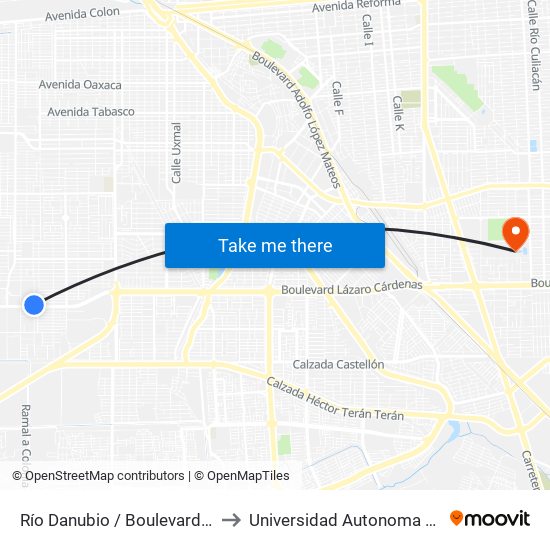 Río Danubio / Boulevard Lázaro Cárdenas to Universidad Autonoma De Baja California map
