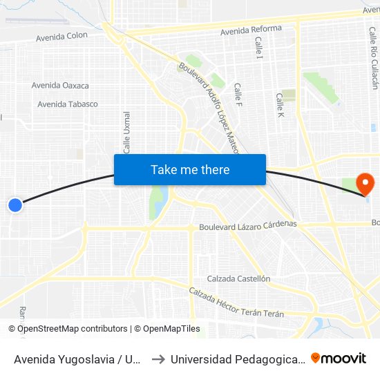 Avenida Yugoslavia / Universidad to Universidad Pedagogica Nacional map