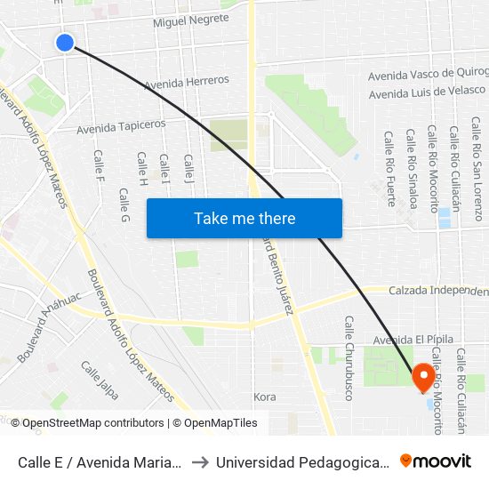 Calle E / Avenida Mariano Arista to Universidad Pedagogica Nacional map