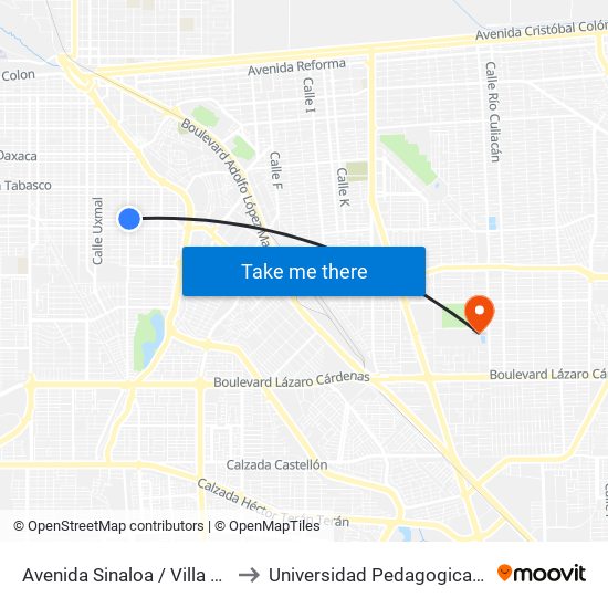 Avenida Sinaloa / Villa Hermosa to Universidad Pedagogica Nacional map
