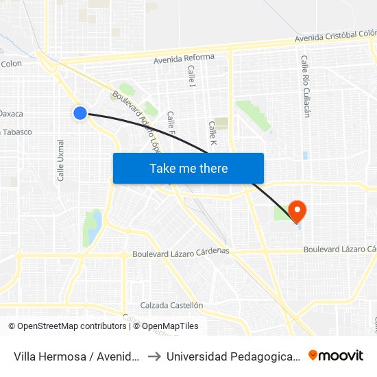 Villa Hermosa / Avenida Oaxaca to Universidad Pedagogica Nacional map