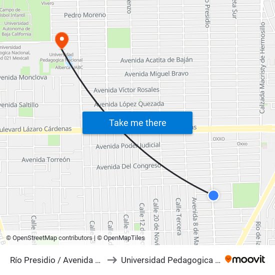 Río Presidio / Avenida Jiquilpan to Universidad Pedagogica Nacional map