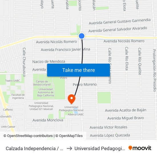 Calzada Independencia / Río Mocorito to Universidad Pedagogica Nacional map