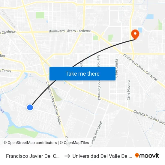 Francisco Javier Del Castillo / Santiago Vidaurri to Universidad Del Valle De México - Campus Mexicali map