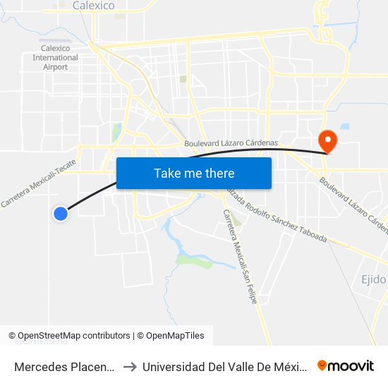 Mercedes Placencia / Calle Sur to Universidad Del Valle De México - Campus Mexicali map