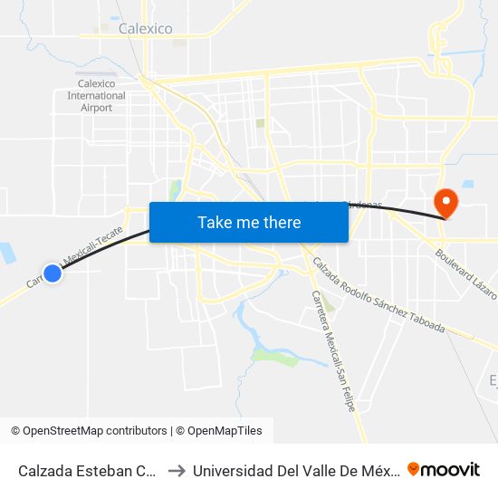 Calzada Esteban Cantú / Periférico to Universidad Del Valle De México - Campus Mexicali map