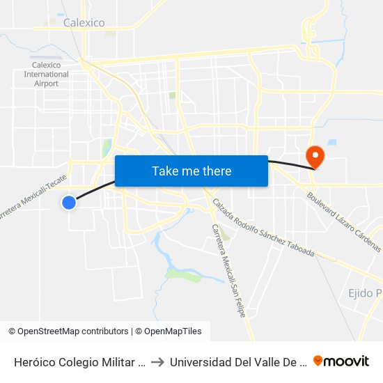 Heróico Colegio Militar / Manuel De Mier Y Terán to Universidad Del Valle De México - Campus Mexicali map