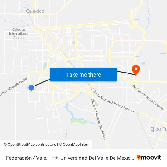 Federación / Valentín Canalizó to Universidad Del Valle De México - Campus Mexicali map