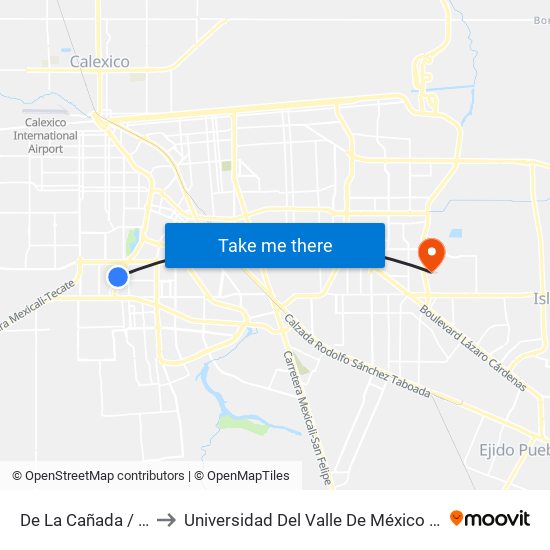 De La Cañada / Callejón E to Universidad Del Valle De México - Campus Mexicali map