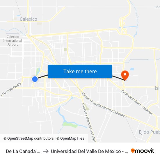 De La Cañada / Nayarit to Universidad Del Valle De México - Campus Mexicali map