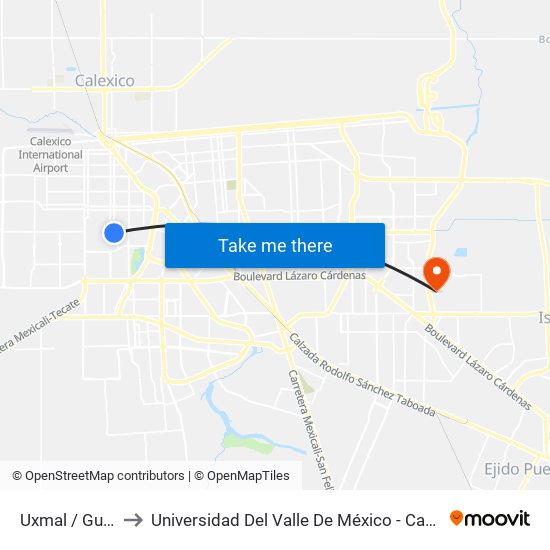 Uxmal / Guasave to Universidad Del Valle De México - Campus Mexicali map