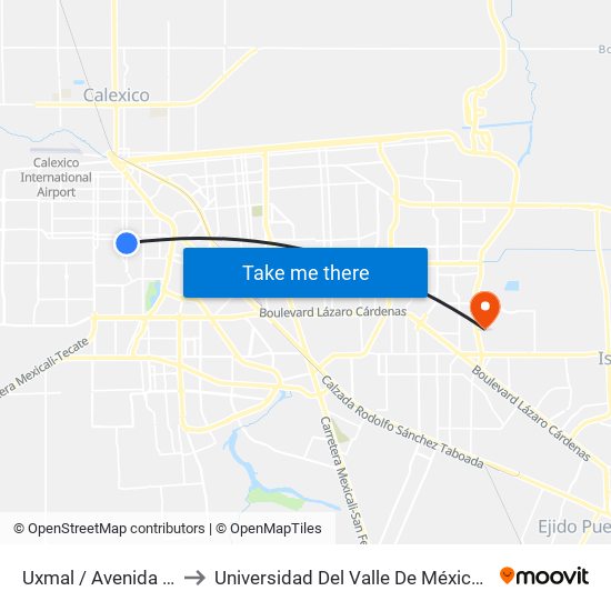 Uxmal / Avenida Tamaulipas to Universidad Del Valle De México - Campus Mexicali map