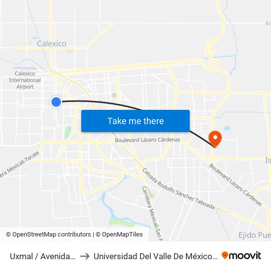 Uxmal / Avenida Zacatecas to Universidad Del Valle De México - Campus Mexicali map