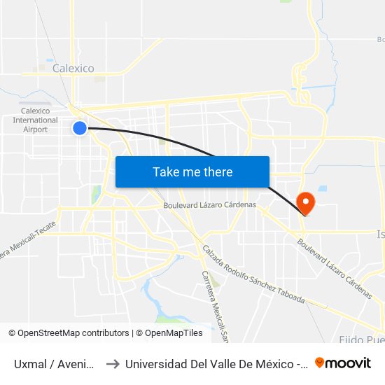 Uxmal / Avenida Jalisco to Universidad Del Valle De México - Campus Mexicali map