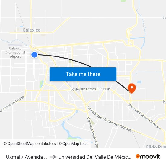 Uxmal / Avenida Guanajuato to Universidad Del Valle De México - Campus Mexicali map