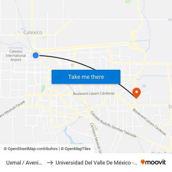 Uxmal / Avenida Colima to Universidad Del Valle De México - Campus Mexicali map