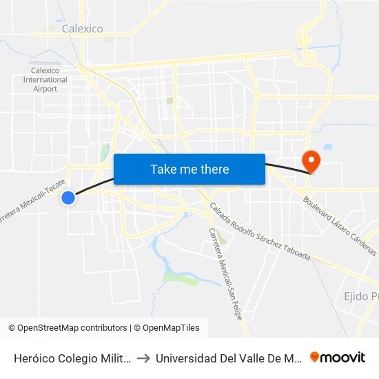 Heróico Colegio Militar / Martín Cabrera to Universidad Del Valle De México - Campus Mexicali map