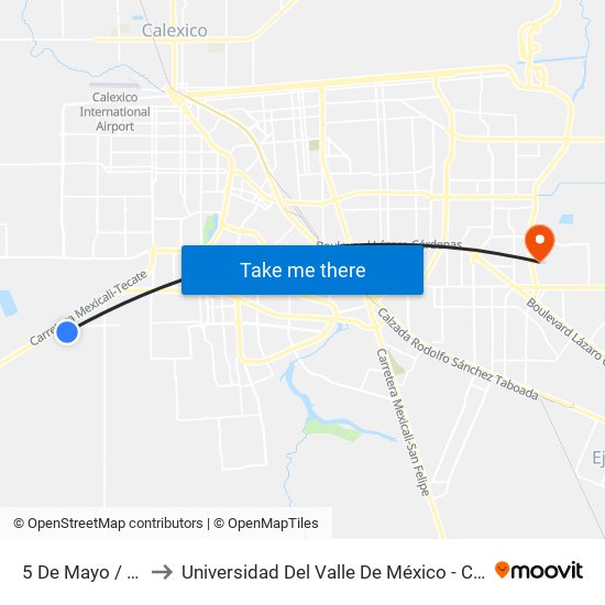 5 De Mayo / Tercera to Universidad Del Valle De México - Campus Mexicali map