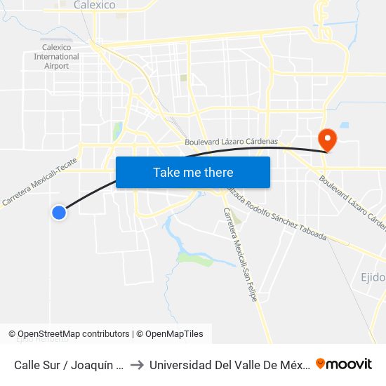 Calle Sur / Joaquín Ramírez Arballo to Universidad Del Valle De México - Campus Mexicali map