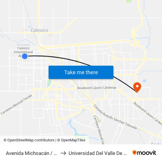 Avenida Michoacán / Bahía De Los Ángeles to Universidad Del Valle De México - Campus Mexicali map