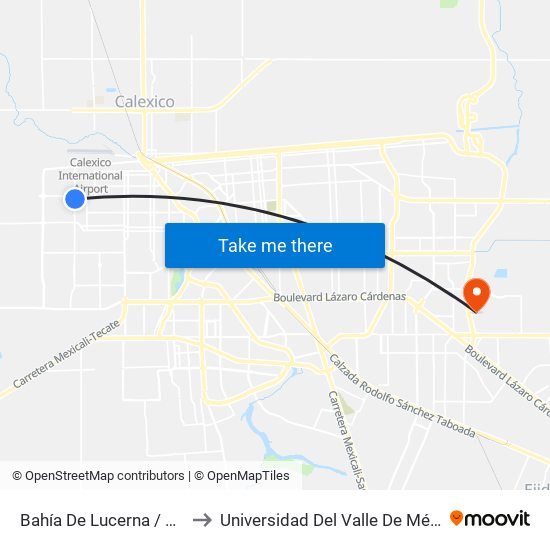 Bahía De Lucerna / Avenida El Rosario to Universidad Del Valle De México - Campus Mexicali map