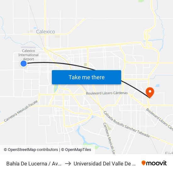 Bahía De Lucerna / Avenida Real Del Castillo to Universidad Del Valle De México - Campus Mexicali map