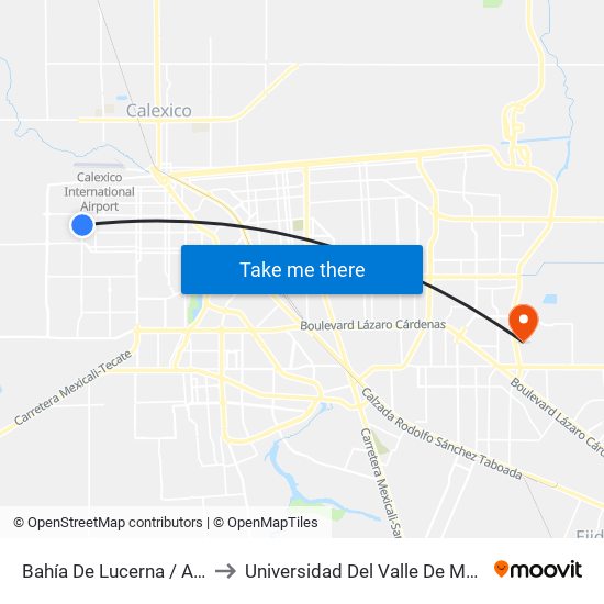 Bahía De Lucerna / Avenida San Ramón to Universidad Del Valle De México - Campus Mexicali map