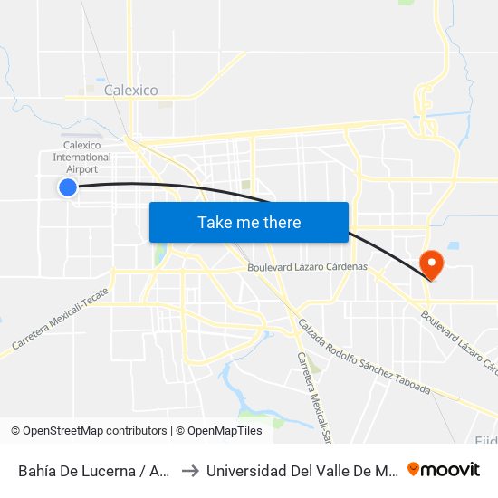 Bahía De Lucerna / Avenida Santo Tomás to Universidad Del Valle De México - Campus Mexicali map