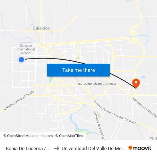 Bahía De Lucerna / Avenida Tabasco to Universidad Del Valle De México - Campus Mexicali map