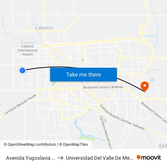 Avenida Yugoslavia / Avenida Congo to Universidad Del Valle De México - Campus Mexicali map