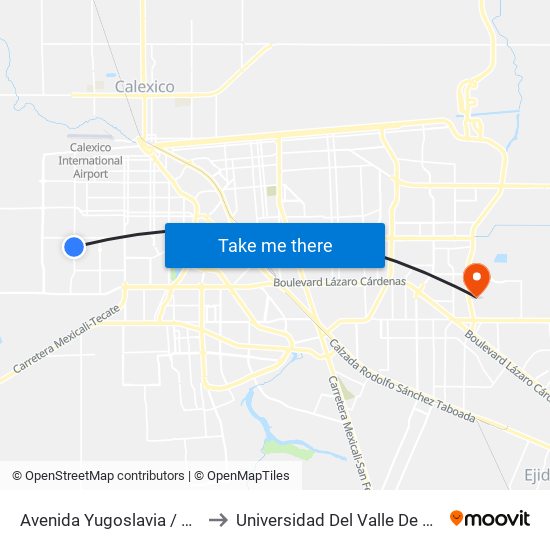 Avenida Yugoslavia / Avenida Jordania Norte to Universidad Del Valle De México - Campus Mexicali map