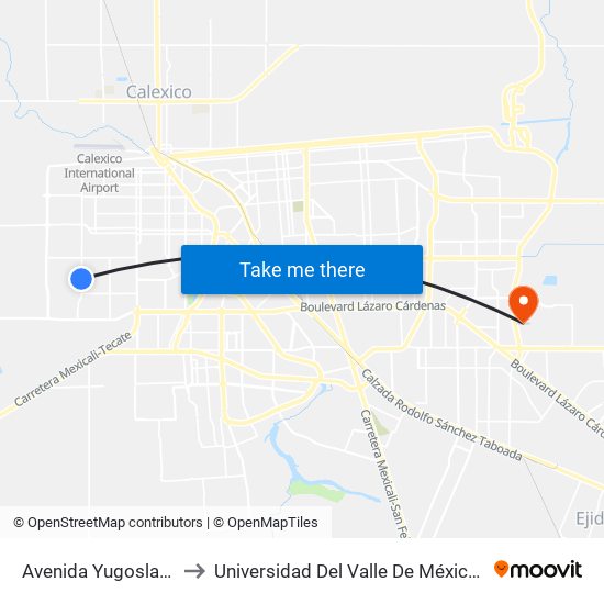 Avenida Yugoslavia / Polonia to Universidad Del Valle De México - Campus Mexicali map