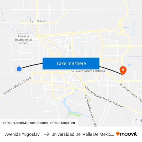 Avenida Yugoslavia / Médicos to Universidad Del Valle De México - Campus Mexicali map