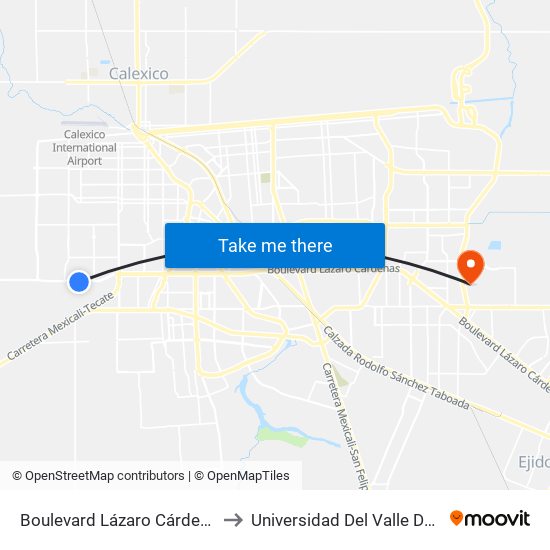 Boulevard Lázaro Cárdenas / Luis Echeverría Álvarez to Universidad Del Valle De México - Campus Mexicali map