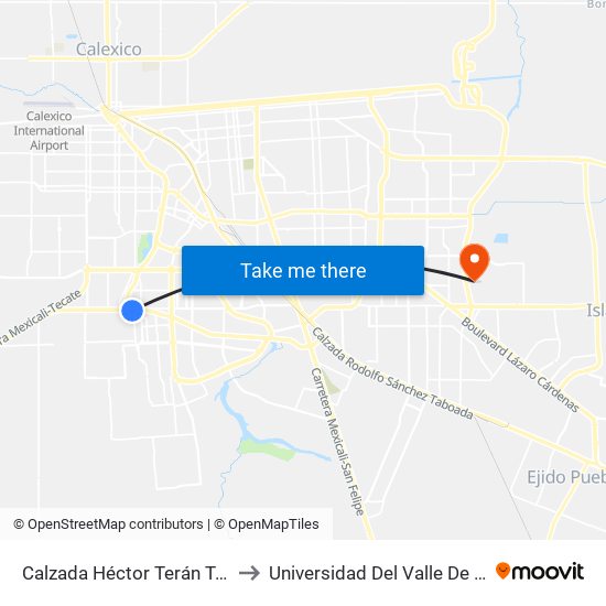 Calzada Héctor Terán Terán / A Ejido Xochimilco to Universidad Del Valle De México - Campus Mexicali map