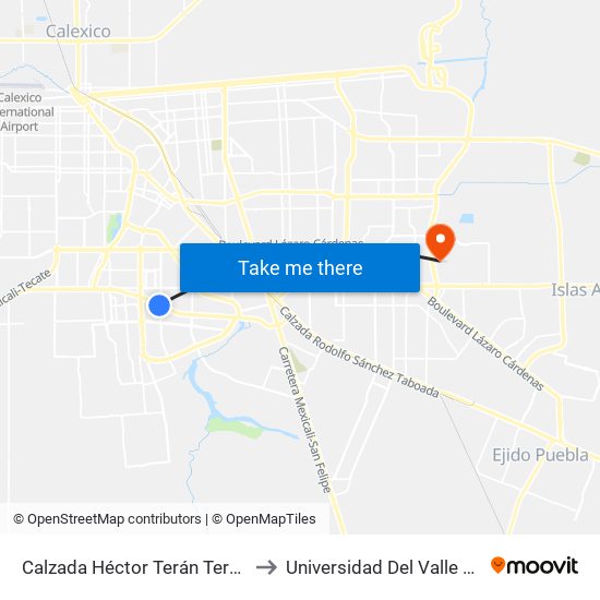 Calzada Héctor Terán Terán / Calzada Lombardo Toledano to Universidad Del Valle De México - Campus Mexicali map