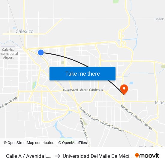Calle A / Avenida Lerdo De Tejeda to Universidad Del Valle De México - Campus Mexicali map