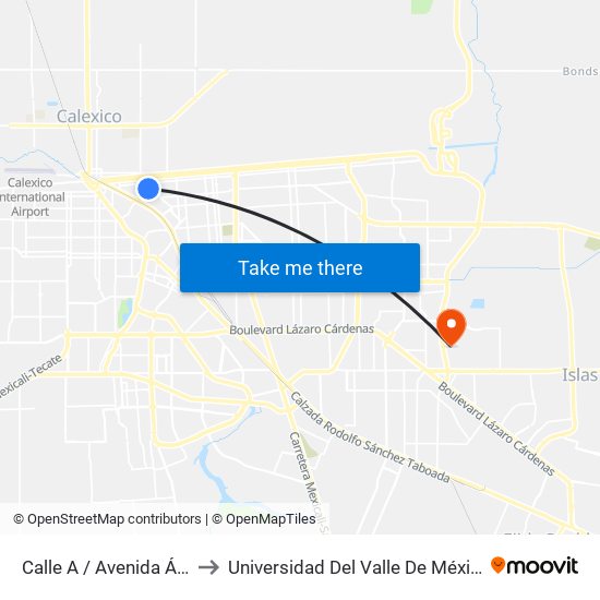 Calle A / Avenida Álvaro González to Universidad Del Valle De México - Campus Mexicali map