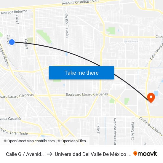 Calle G / Avenida Mineros to Universidad Del Valle De México - Campus Mexicali map