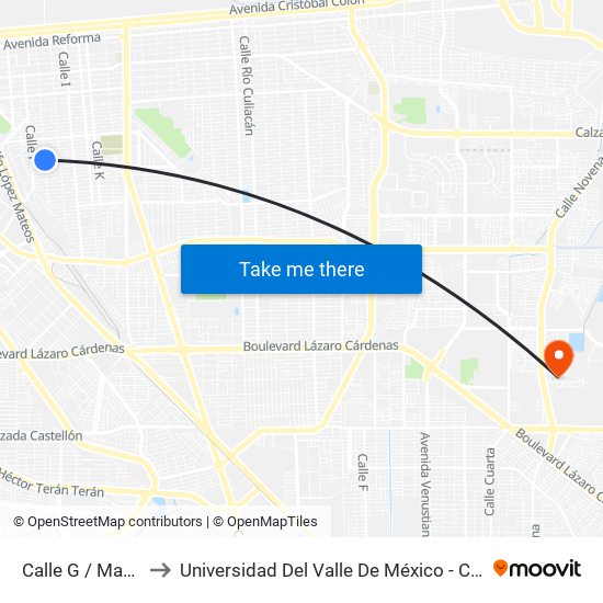 Calle G / Madereros to Universidad Del Valle De México - Campus Mexicali map