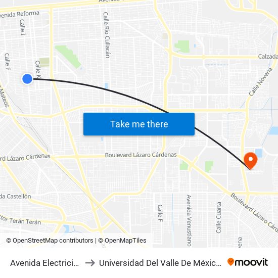 Avenida Electricistas / Calle I to Universidad Del Valle De México - Campus Mexicali map