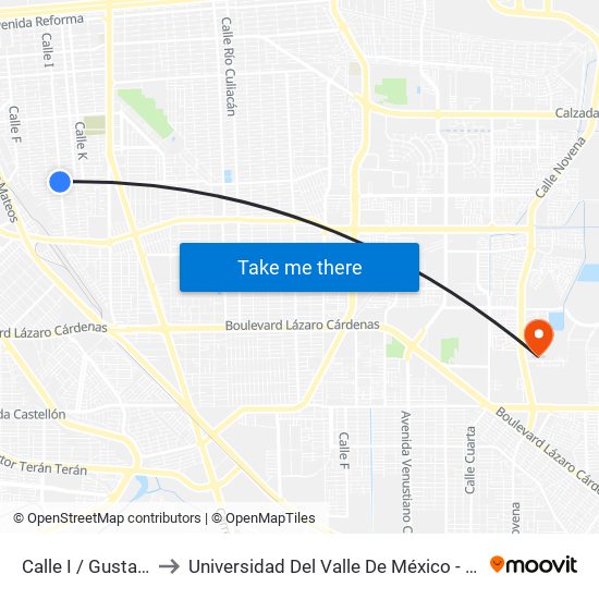 Calle I / Gustavo Otelo to Universidad Del Valle De México - Campus Mexicali map