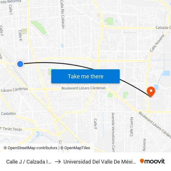 Calle J / Calzada Independencia to Universidad Del Valle De México - Campus Mexicali map