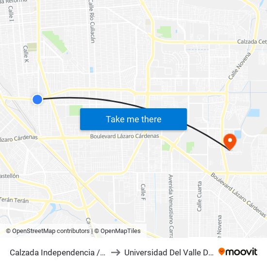 Calzada Independencia / Calzada Francisco Montejano to Universidad Del Valle De México - Campus Mexicali map