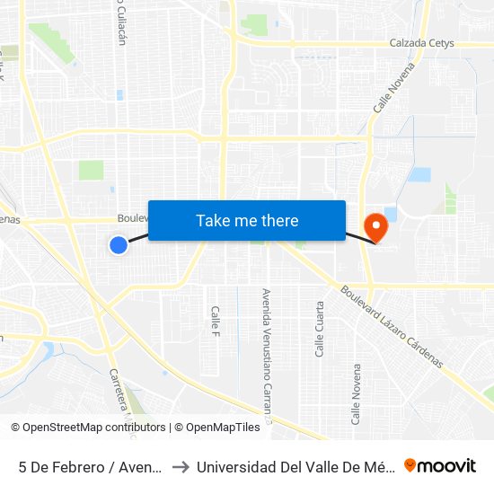 5 De Febrero / Avenida Ayuntamiento to Universidad Del Valle De México - Campus Mexicali map