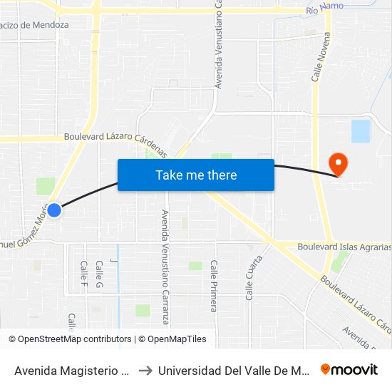 Avenida Magisterio / Río De Las Cañas to Universidad Del Valle De México - Campus Mexicali map