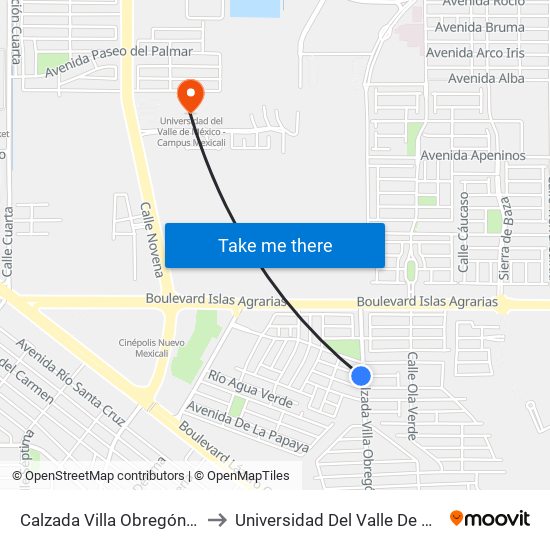 Calzada Villa Obregón / Avenida Río Gambia to Universidad Del Valle De México - Campus Mexicali map