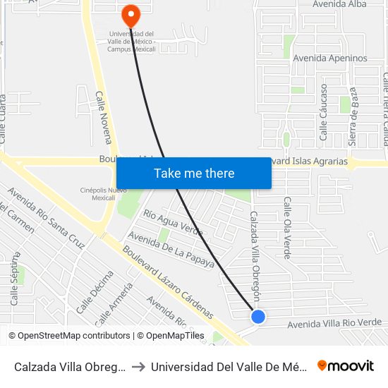 Calzada Villa Obregón / Villa Cortés to Universidad Del Valle De México - Campus Mexicali map