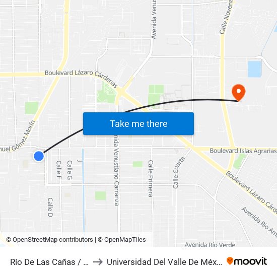 Río De Las Cañas / Ciudad Madero to Universidad Del Valle De México - Campus Mexicali map