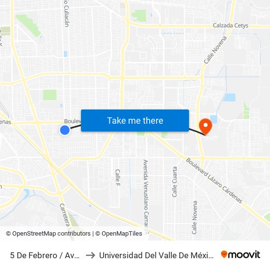 5 De Febrero / Avenida Torreón to Universidad Del Valle De México - Campus Mexicali map